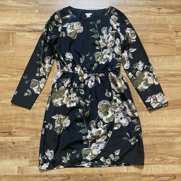 J Crew 2 Black Floral Long Sleeve Elastic Waist Silky Tulip Blouson Dress Party - Picture 9 of 16